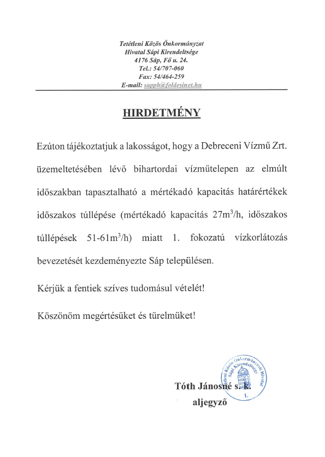 Hirdetmeny vizkorlatozas